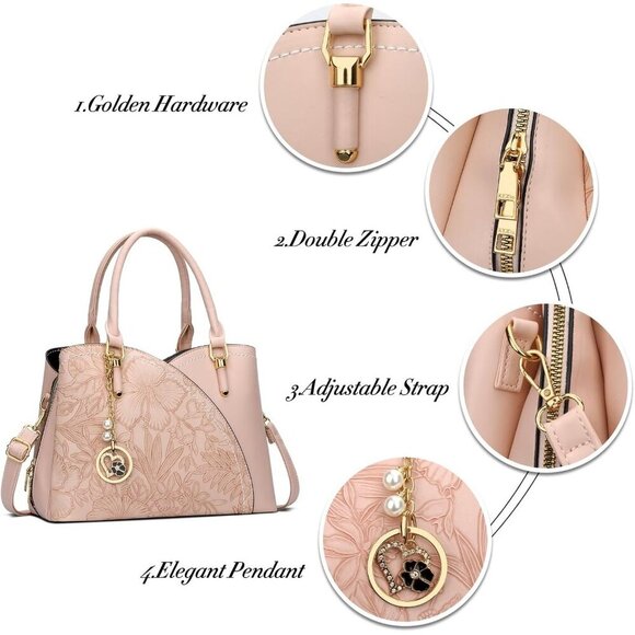 Women’s Pink Triple Compartment Satchel Fashion Top Handle Shoulder Bag - Picture 3 of 6